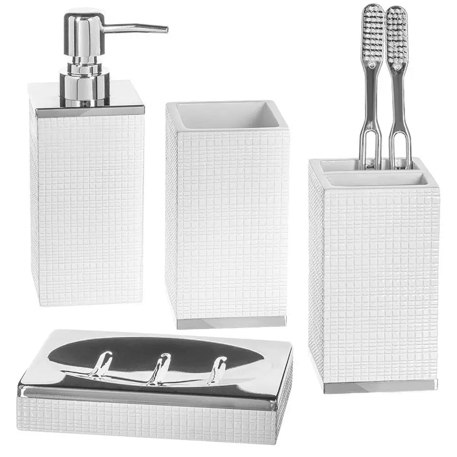 

Estella White Bathroom Accessories Set 4 Piece Bathroom Set with Silver Base Decorative Bathroom Accessory Set Includes Soap Dis