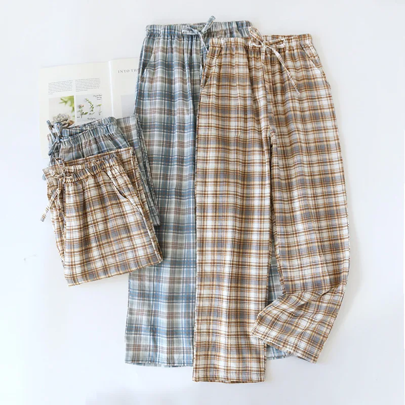 2024 Spring/Summer New Couple Sleepwear 100% Cotton Thin Loose Large Men\'s and Women\'s Checkered Casual Pants Home Pants