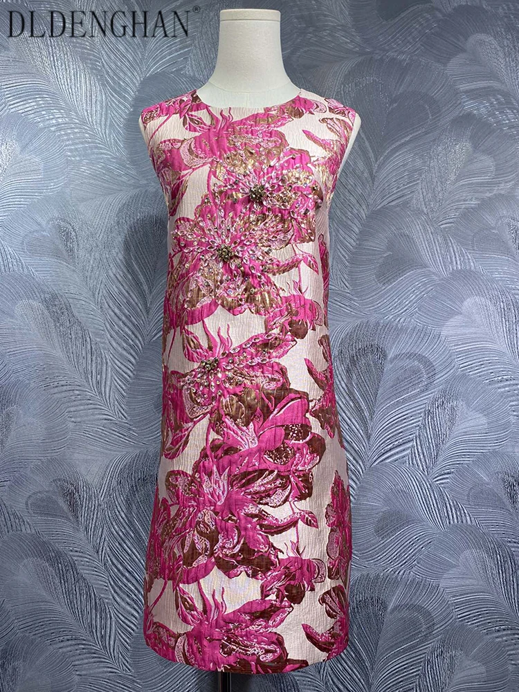 

DLDENGHAN Crystal Diamonds Jacquard Mini Dress For Women O-Neck Sleeveless Vintage Vest Dresses Summer Fashion Female