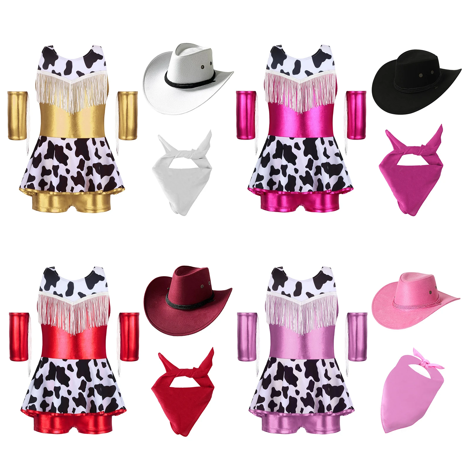 

Girls Cowgirl Costume and Cowboy Hat Halloween Cosplay Outfit Metallic Fringed Built-In Shorts Dress and Oversleeve Scarf