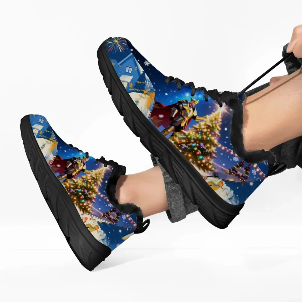 

Christmas Colorful Graffiti Pattern Design Flying Woven Warm Lace-up Soft Sole Lightweight Large-sized Flat Casual Sports Shoes
