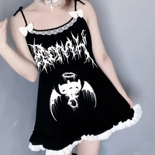 Harajuku Girls Devil Letters Print Dress Japanese Cute Spaghetti Strap платье Women Summer Sleeveless Gothic Mini Dress Vestidos