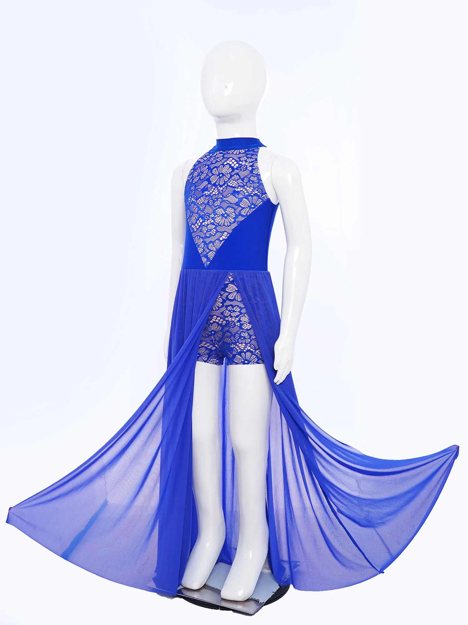 Mouwloze mesh maxi lange balletjurk kinderen meisjes hedendaagse lyrische danskostuum turnpakje jumpsuit met vloeiende mesh overlay