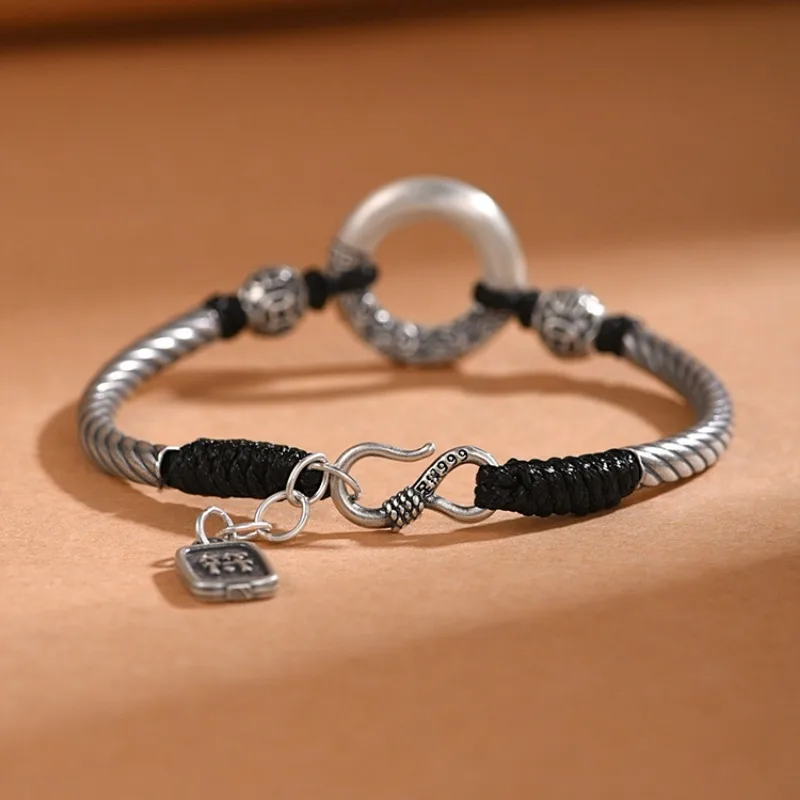 New in silver 925 Auspicious Cloud circular ring bracelet for women Retro Black Braided bangles charms Couple style fine Jewelry