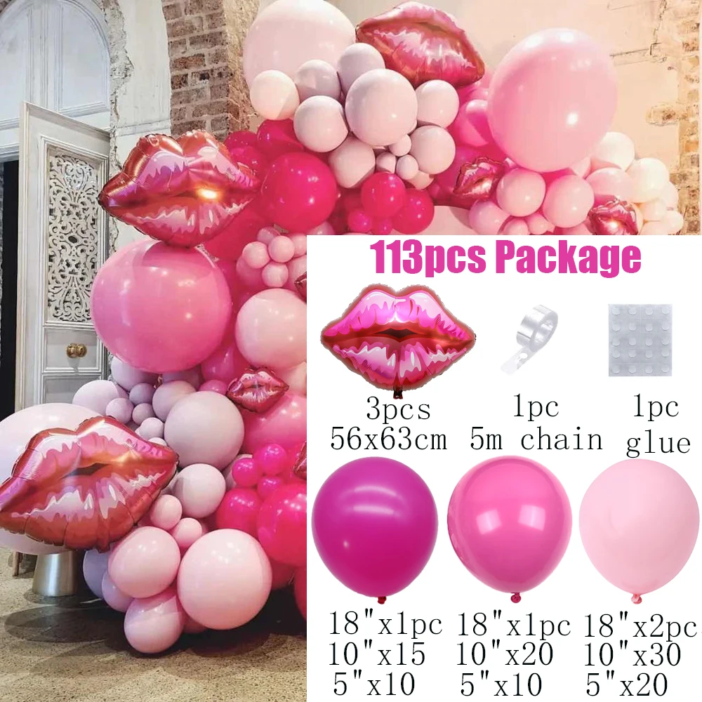 113pcs Lips Balloons Garland Kit Rose Red Macaron Pink Latex Balloon for Girl Valentine's Day Wedding Bachelorette Party Decor