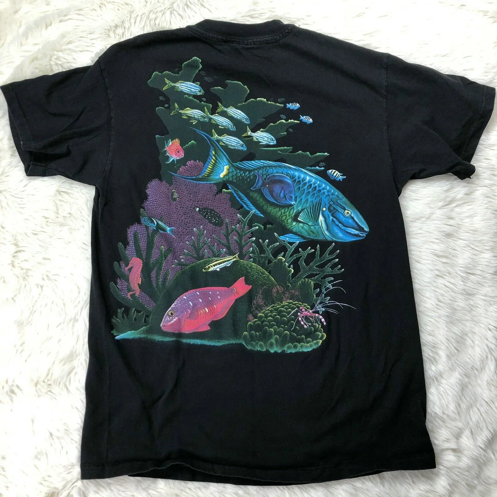 Vtg Reef Fish Beautiful Marine Aquatic Fish Black Neon T-Shirt 100% Cotton O-Neck Short Sleeve Casual Mens T-shirt Size S-3XL