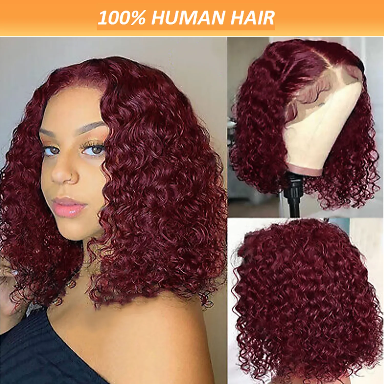 99J Burgundy Lace Front Wigs Human Hair,13x4 Short Deep Wave Bob Lace Frontal Wig for Women 150% Density Wigs Human Hair