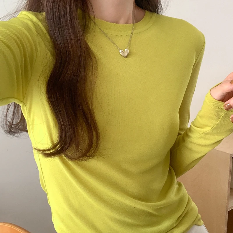 여성용 기본 긴팔 상의 티셔츠, 스키니 O넥 티셔츠, 한국 스타일 의류, 가을