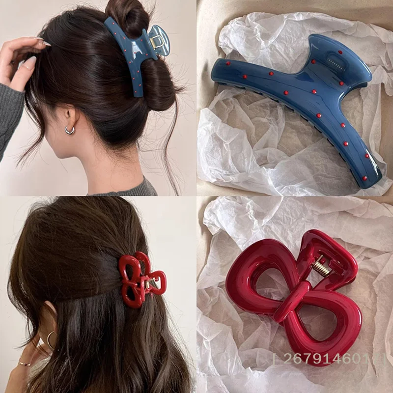 2 Stück/Set Vintage Blaue Polka Dot Haarspange mit Roter Schleife, Haarklammer, Haarschmuck im Koreanischen Stil für Frauen