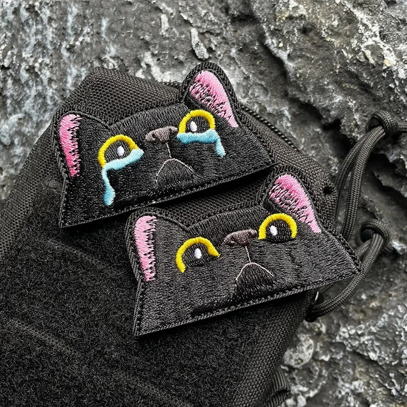 Cartoon Cat Magic Badge Black Crying Cat Embroidered Badge Backpack Stickers Cute Cat Expression Pack Emblem DIY Base Patch