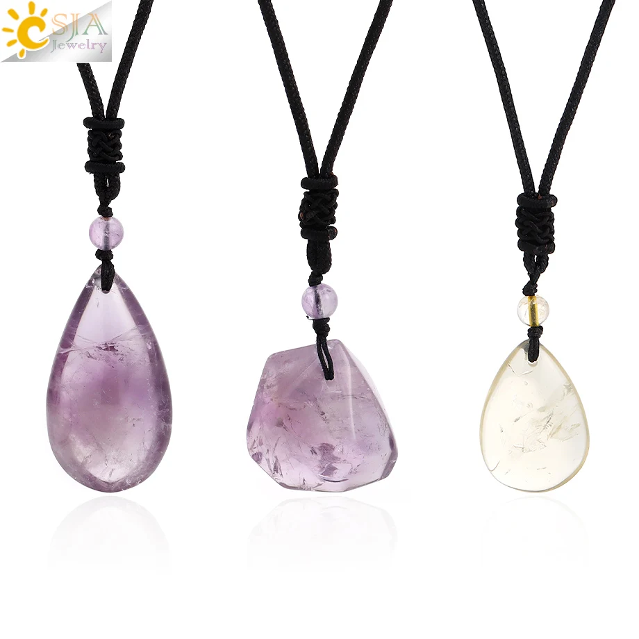 CSJA Irregular Natural Stone Necklace for Men Women Amethysts Rock Crystal Rope Necklaces Jewelry Mother Gift H447