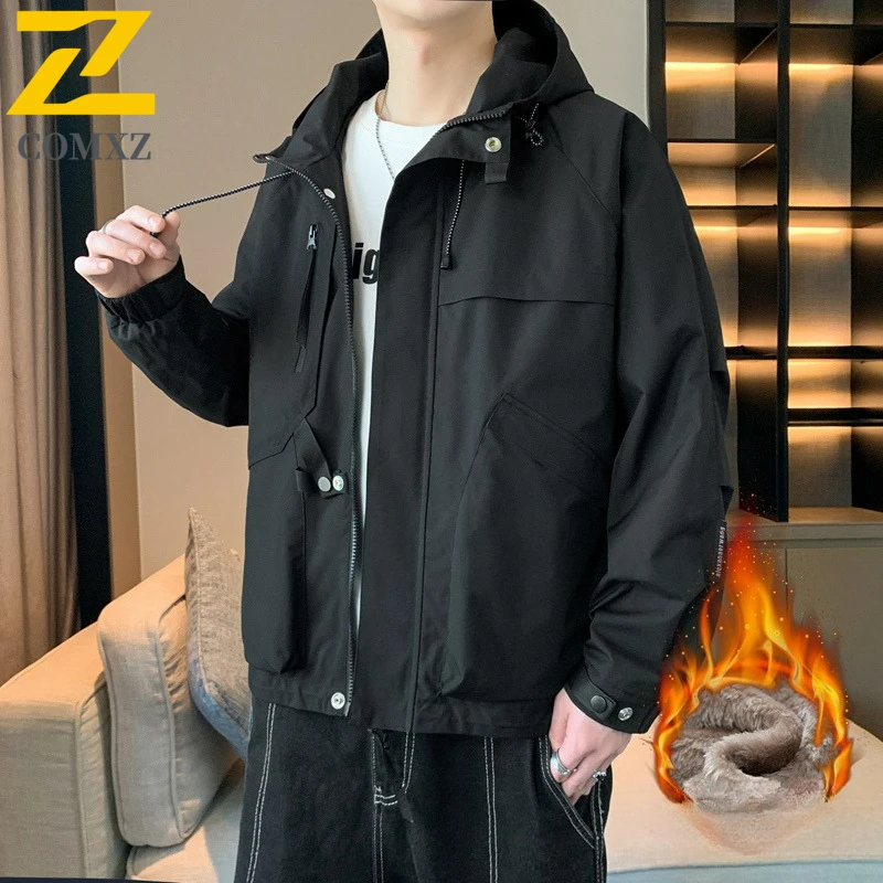 

COMXZ Мужская куртка Новый капюшон Открытый альпинизм Ветрозащитное пальто Универсальная однотонная дорожная легкая осенне-зимняя одежда