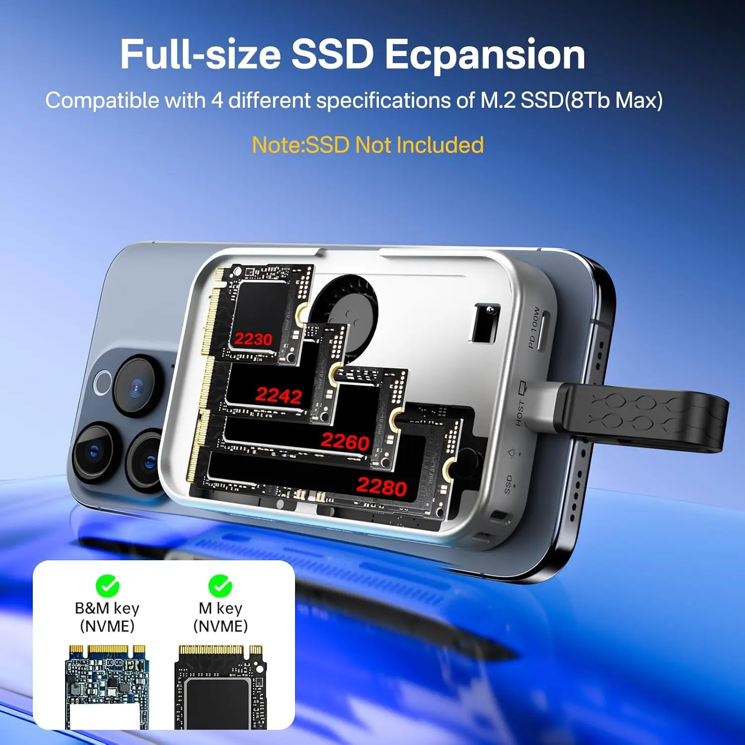 아카시스 마그네틱 M.2 NVMe SSD 인클로저 10Gbps USB C 도킹 스테이션 (쿨링 팬, HDMI 4K60HZ, SD/TF, PD 100W 지원, 아이폰 17/16 호환)