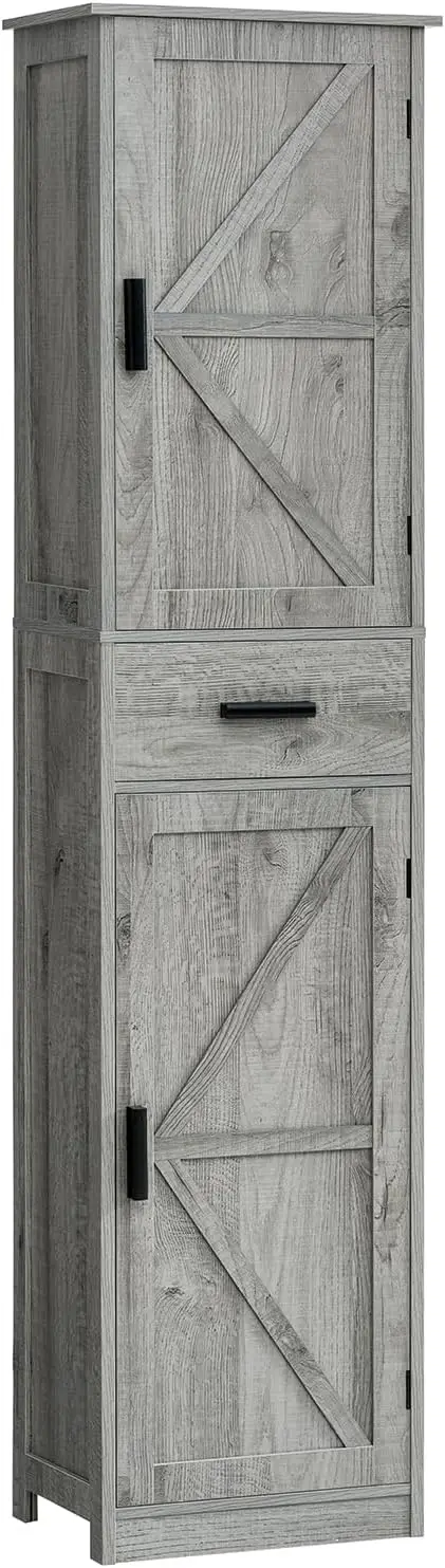 

Tall Storage Cabinet, Bathroom Cabinet with 6 Shelves & Drawer, Narrow Storage Cabinet with Ajustable Shelves , Gray