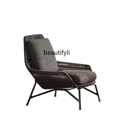 zqOutdoor Balcony Rattan Chair Sofa and Tea Table Couch Courtyard Armchair Model Room Soft Decoration Design