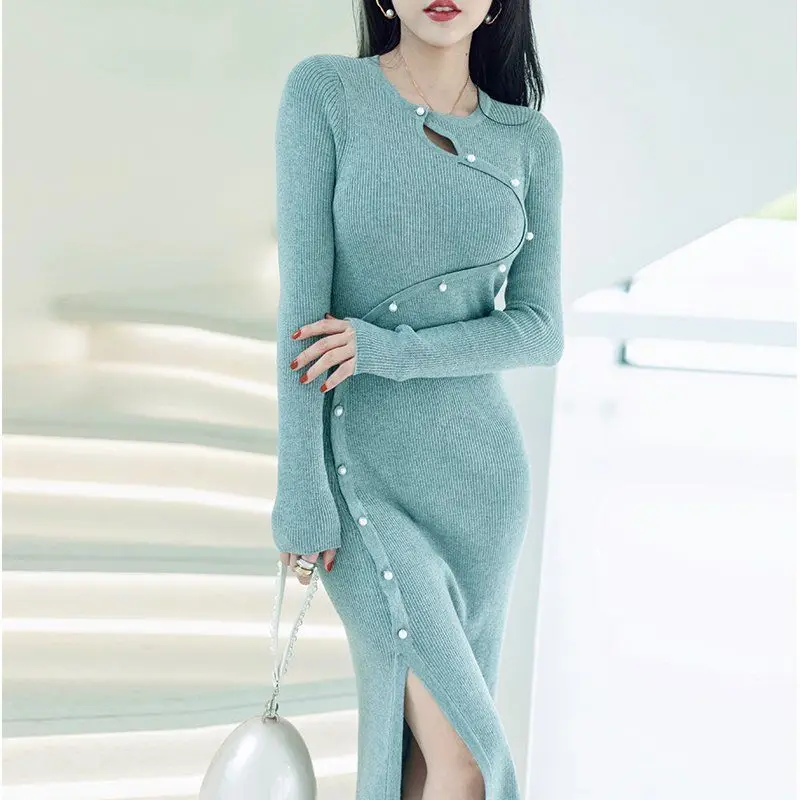 

Retro Elegant Improved Women's Autumn/Winter New Slim Fit Knitted Long Sleeve Dress Round Neck Bottom Wrap Hip Skirt B651