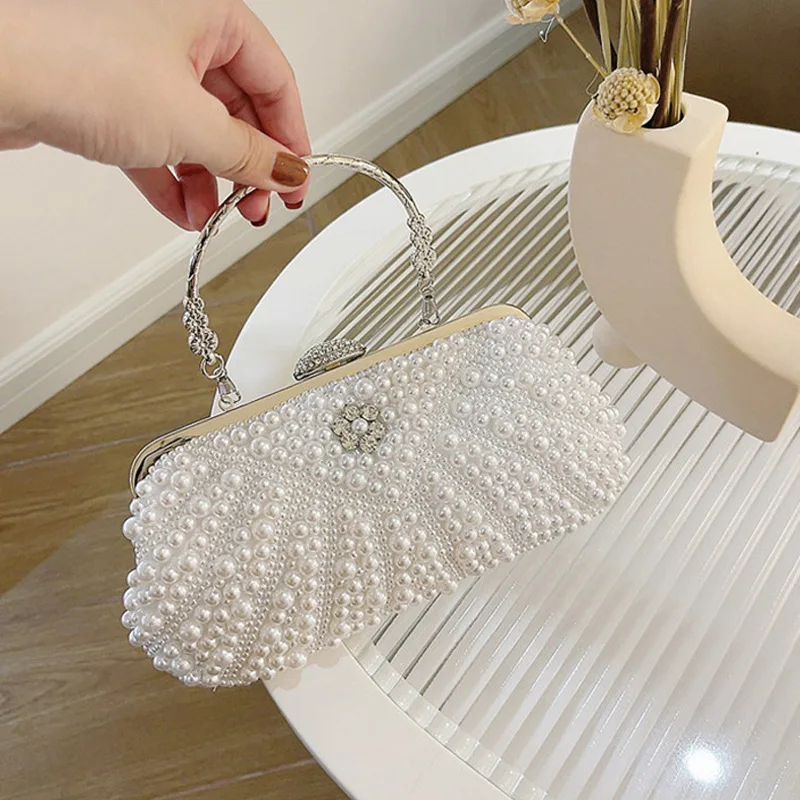 Vintage Beaded Messenger Evening Bag for Women,Imitation Pearl Shell Shoulder Purse,Elegant Diamond Clutch for Wedding and Party
