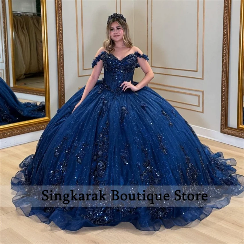 Azul marinho princesa fora do ombro doce 16 vestido quinceanera vestidos apliques rendas miçangas tull festa de aniversário vestidos personalizados