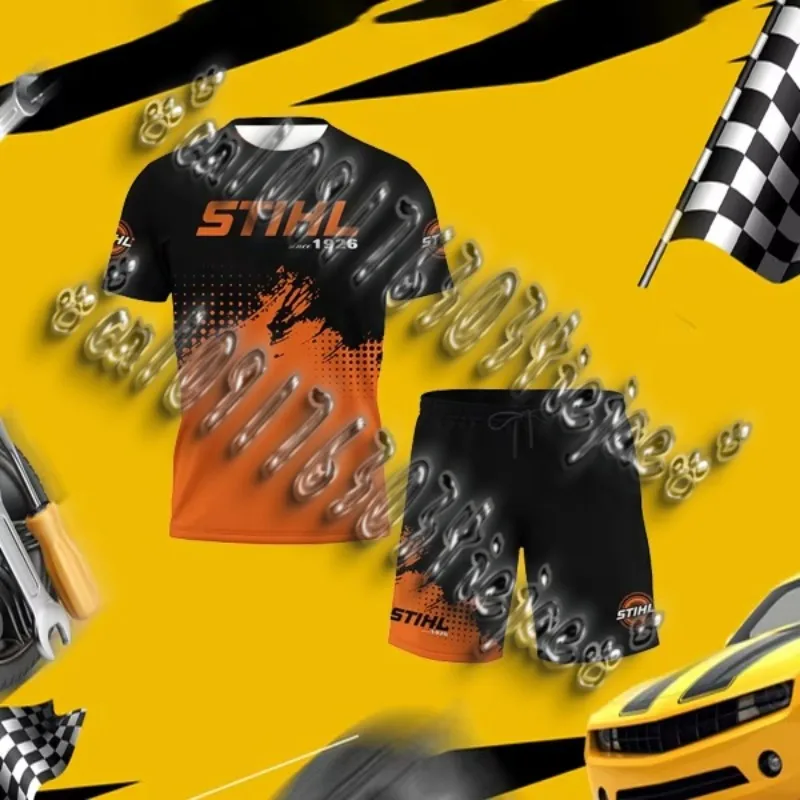

2025 New Men's Car Printing Quick-drying T-shirt Set Comfortable and Casual Breathable Sweat-absorbing Short-sleeved Shorts
