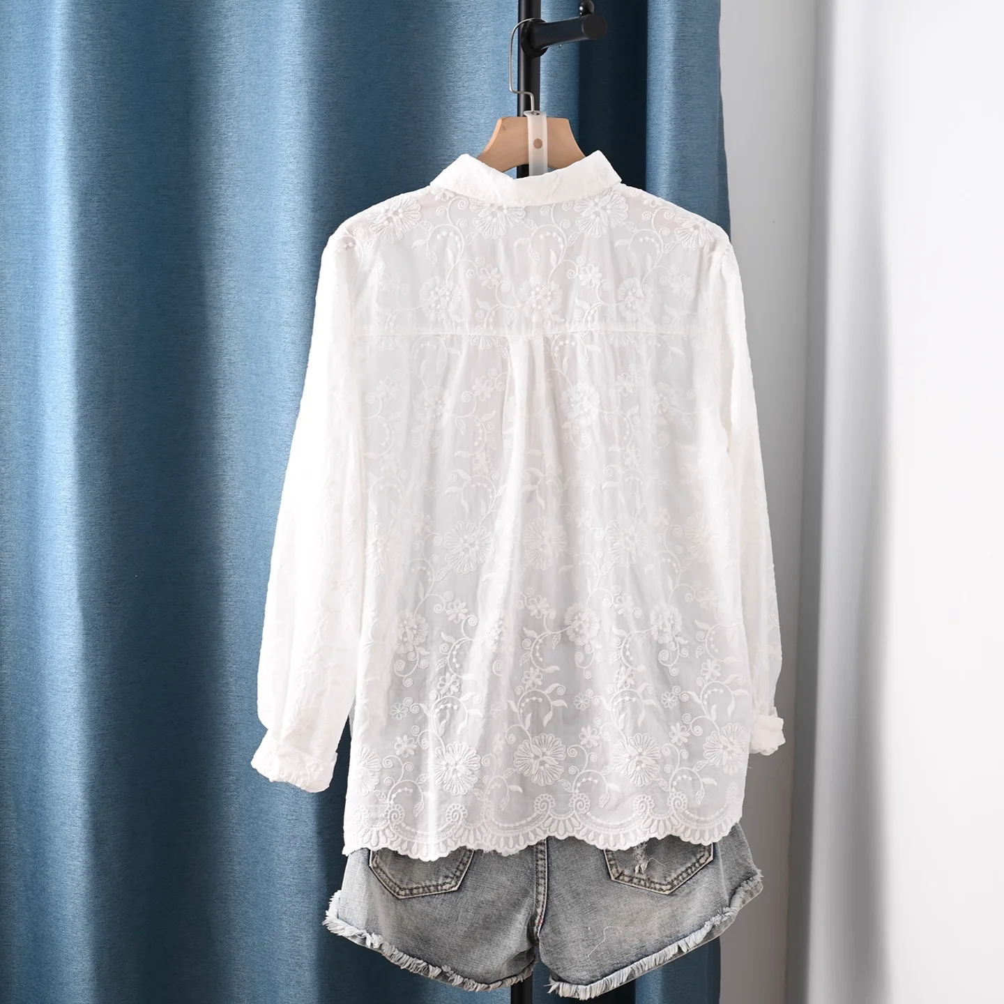 2025 보헤미안 레트로 자수 순면 긴팔 셔츠 블라우스 여성용 가을 일본 스타일 민족풍 화이트 베이지 셔츠