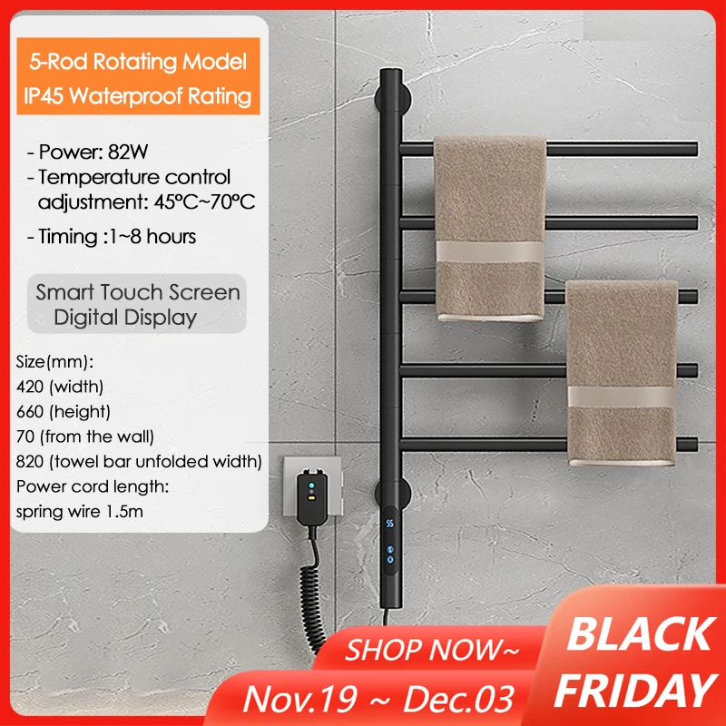 

Smart Electric Heated Towel Rack 180°Rotating Bathroom Wall Mounted Drying Rack 45-70℃ Temp Adjustable 1-8h Timing Touch Control