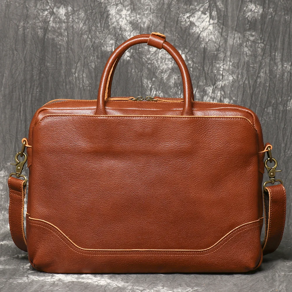 حقيبة كلاسيكية للرجال من الجلد المدبوغ بالخضراوات، حقيبة كمبيوتر محمول ذات سعة كبيرة للأعمال والتنقل #3