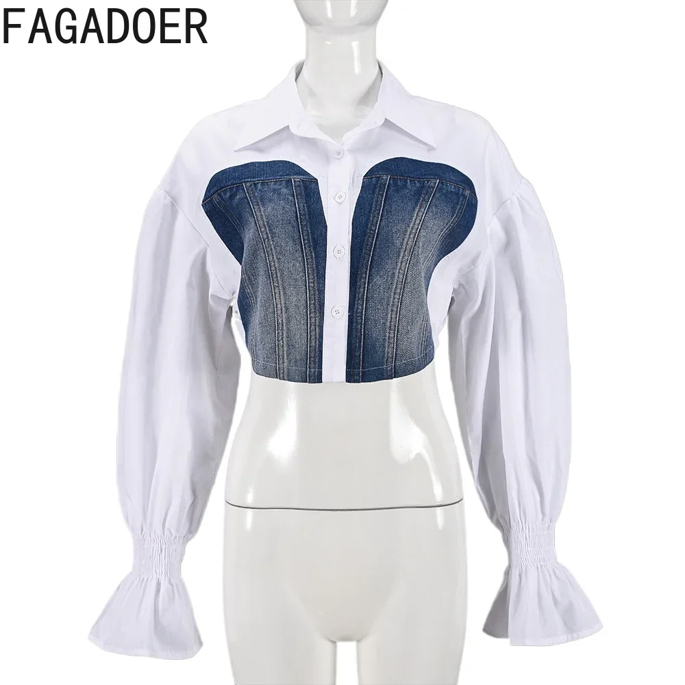 FAGADOER Cowboy Splicing Fashion Slim Shirts Women Turndown Collar Button Flare Long Sleeve Ruched Crop Top Autumn Clothing 2024