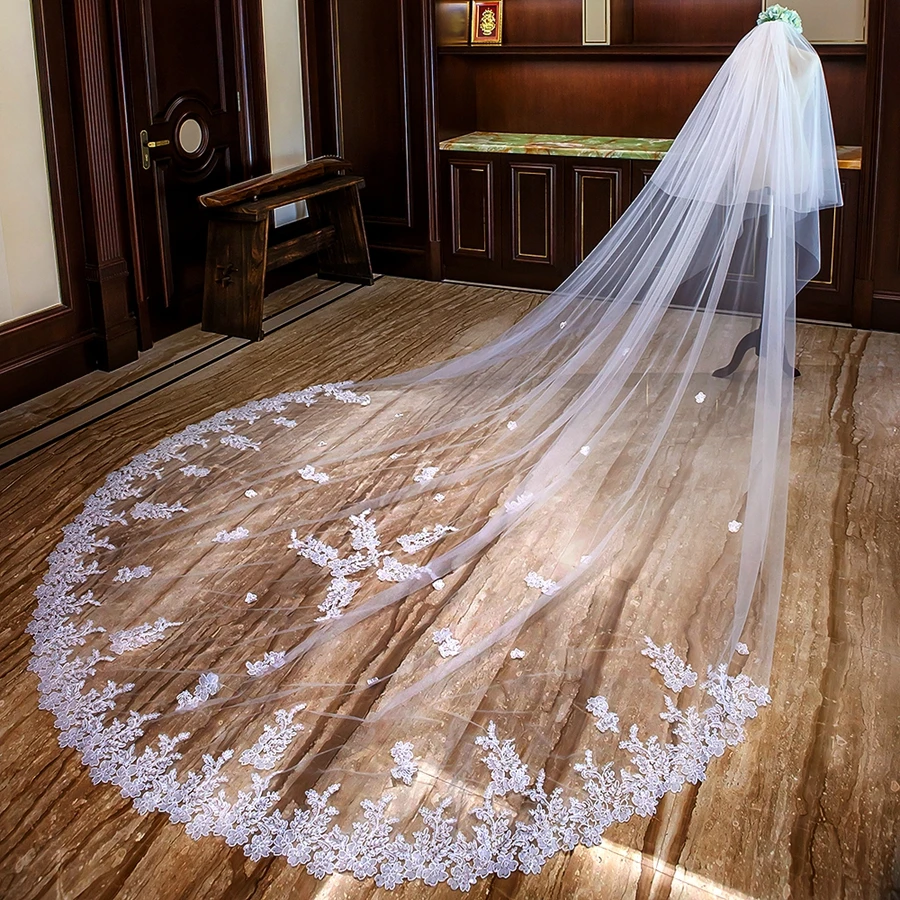 In Stock Cathedral Wedding Veils With Comb Two Layers Appliques Long Bride Veil mariage Veils Accessories Véu de noiva