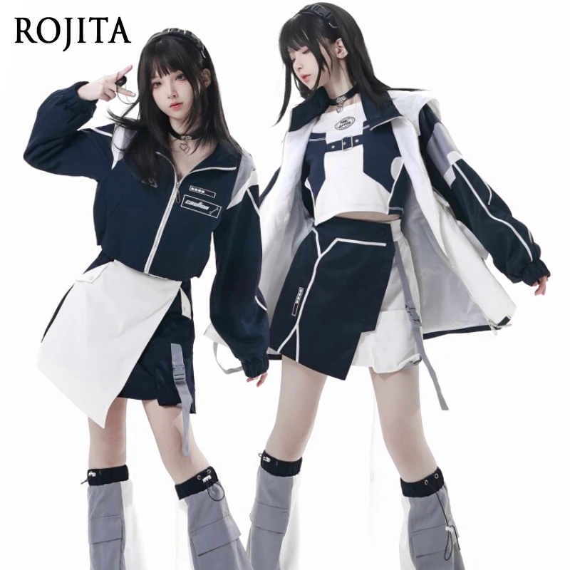 Functional Futuristic Patchwork Embroidered Hoodie Jacket 2025 Autumn Blue and White College Style Round Neck Long Sleeve Tee