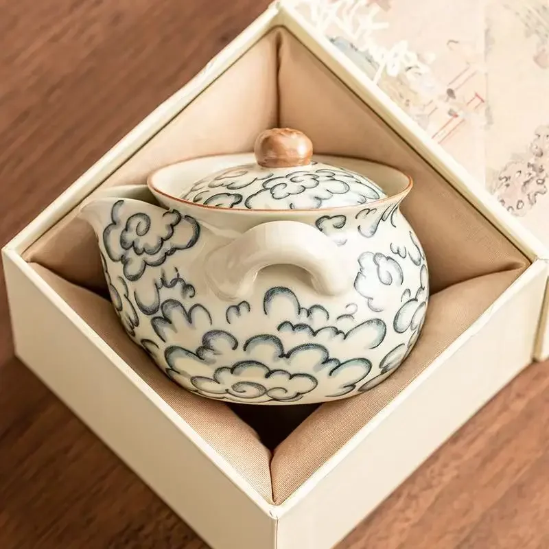 1Pc Xiangyun Pattern Ru Kiln Hand Grab Pot High-end KungFu TeaSet Household Chinese Open Film Raising Teapot Tea Room Decoration