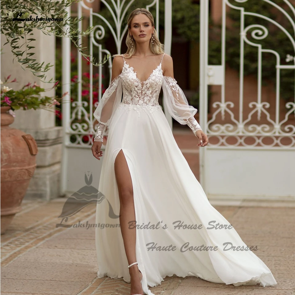 Yanshmigown-Robes de mariée Boho à manches longues bouffantes pour femmes, une ligne en mousseline de soie, patients sexy, mariage sur la plage, quelle que soit la robe, 2023