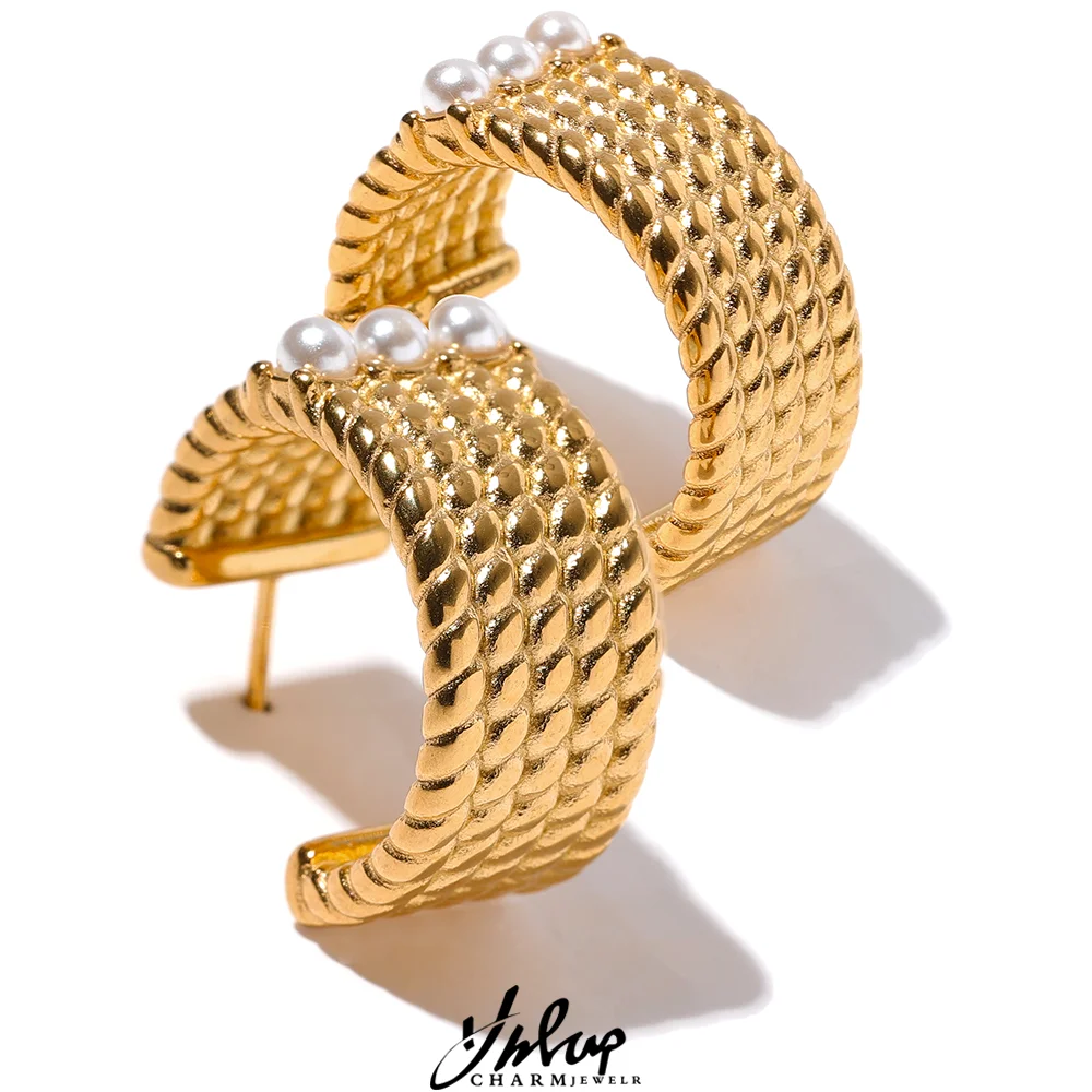 Yhpup Stainless Steel C Shape Geometric Imitation Pearls Wide Hoop Earrings Gold Color Charm Trendy Fashion Quality Jewelry New