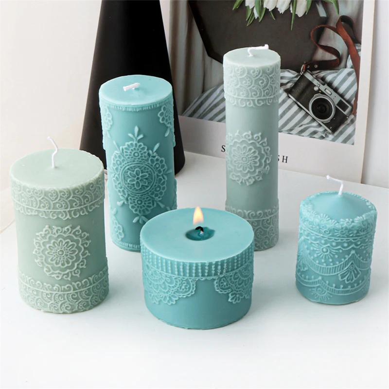 

3D Vintage Lace Pattern Silicone Candle Mould DIY Cylindrical Relief Hollowing Aroma Plaster Resin Ornament