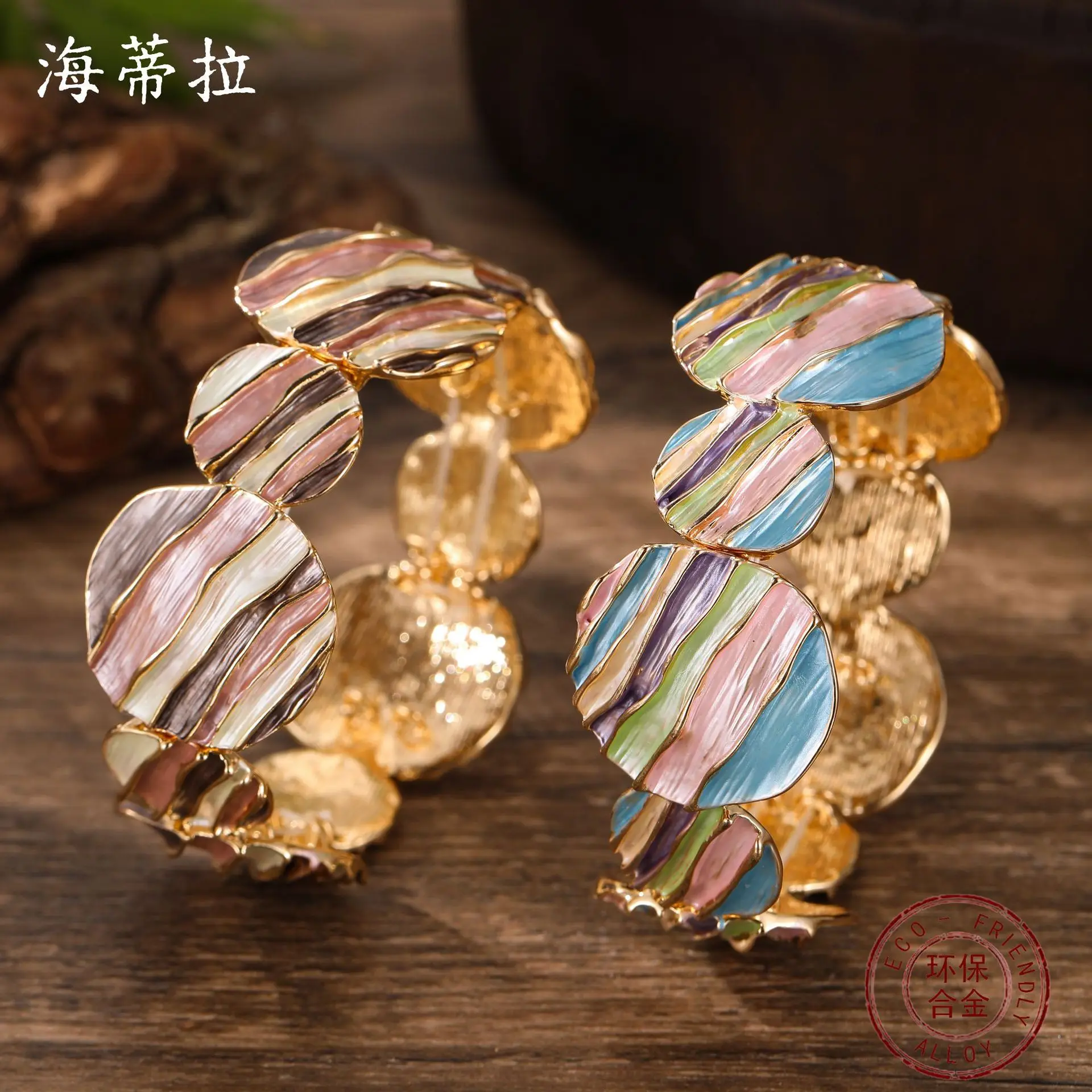 

DIY accessories enamel color round geometric line elastic bracelet women's fashion exaggerated round cake zinc alloy bracelet