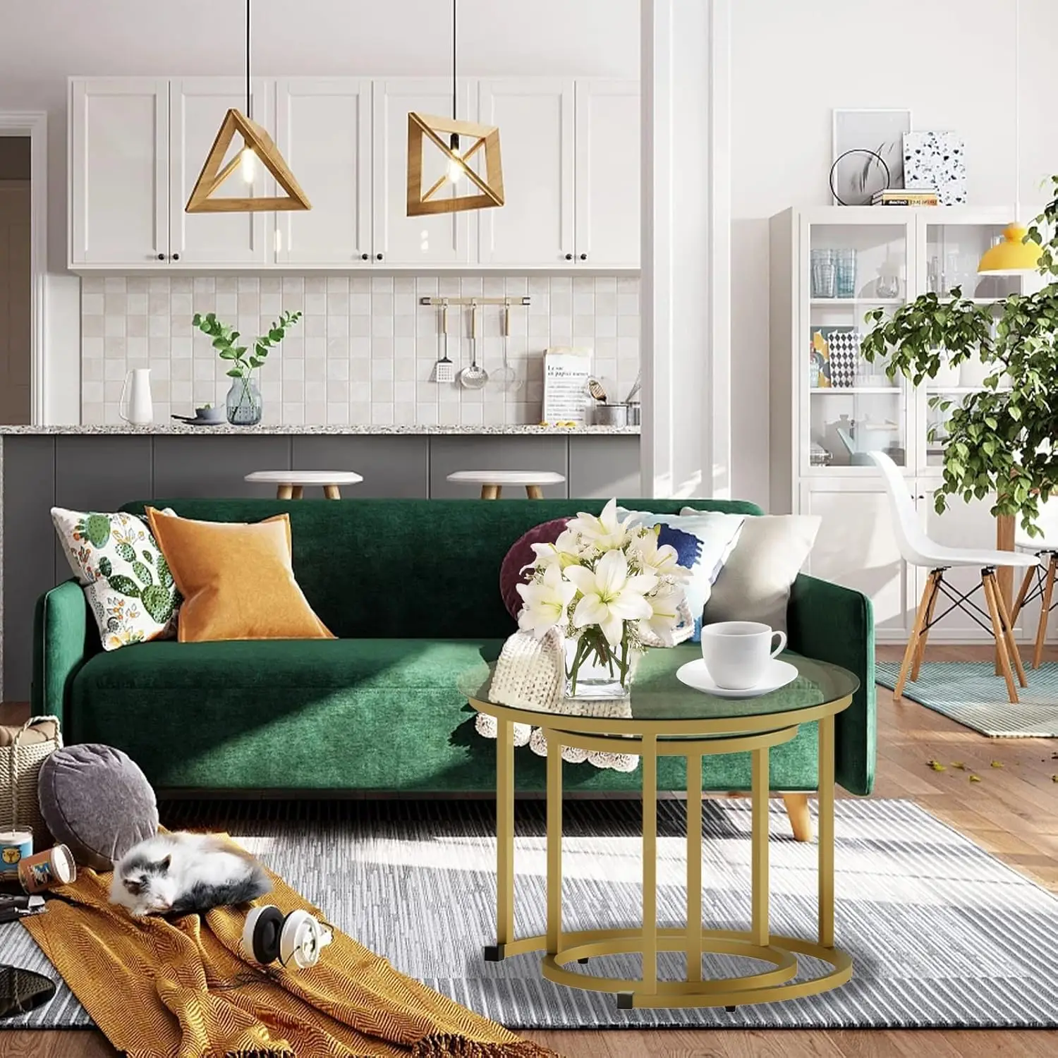 Small Glass Round Nesting Tables for Living Room Bedroom, Accent Tea Table with Metal Frame Modern Industrial Simple