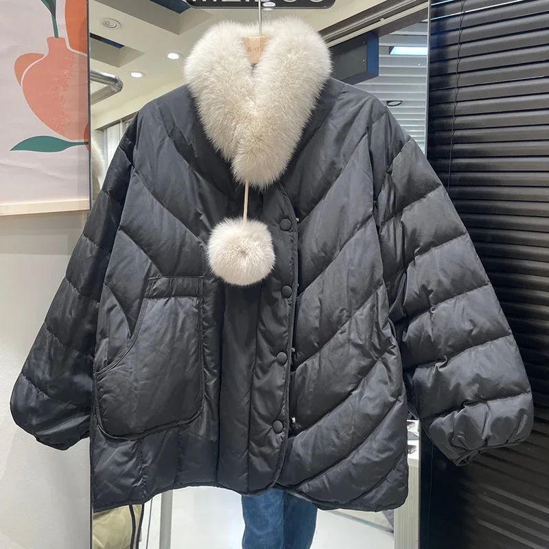 المرأة الأبيض بطة أسفل الرباط أبلى الشتاء منتصف طول كبير الفراء طوق وشاح أسفل سترة الإناث الدانتيل يصل باركر مبطن سترة