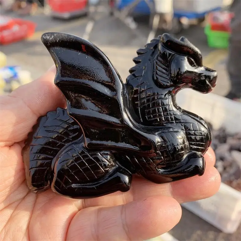 

Natural Black Obsidian Cartoon Dragon Carving Decoration Healing Crystal Reiki Figurine Gemstone Ornament Craft Gift 1PCS