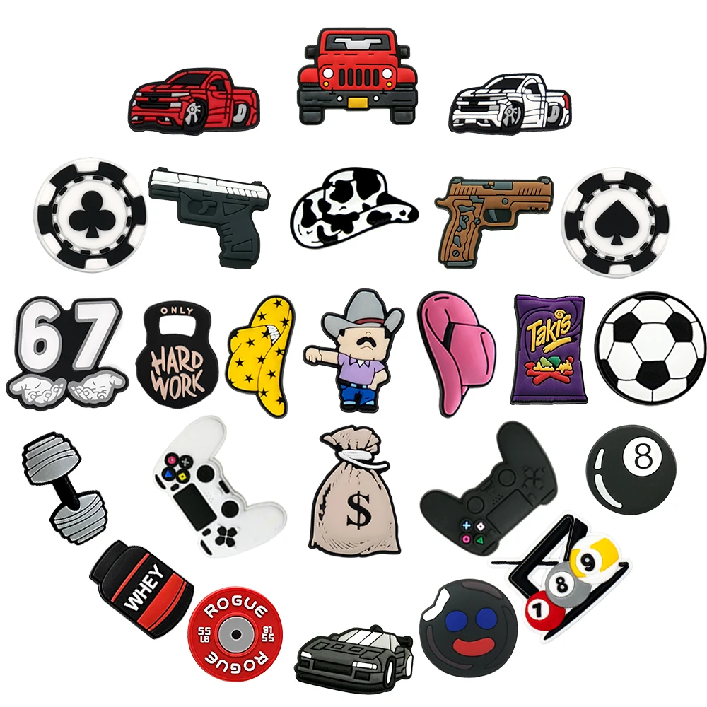 1/25PCS Cool Mixed Theme Shoe Charms Car Game Fitness Cowboy Shoe Decoration Pins, Trendy Accessories for Men Teens Party Gifts