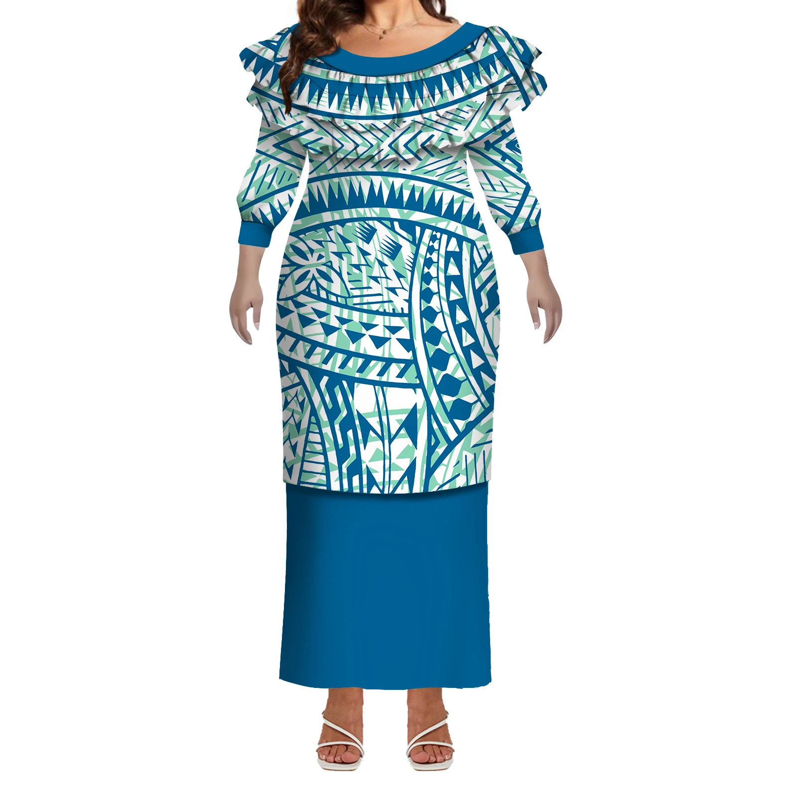 Puletasi vestido de verão de manga média com babados de camada dupla e justo, vestido feito sob medida para mulheres polinesias