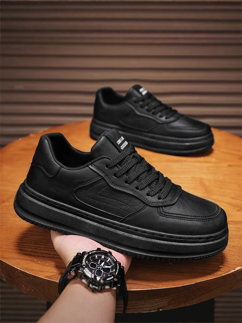 

Men's Casual Sport Shoes Work Trendy Black Leather Shoes Thick Bottom Anti-slip Summer New Style Versatile Men's Footwear