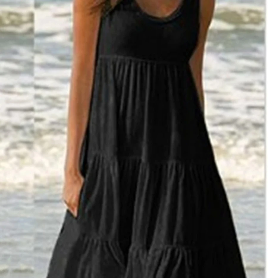 Minivestido sin mangas con volantes para mujer, vestido bohemio liso para playa, vestido suelto de gran tamaño para verano