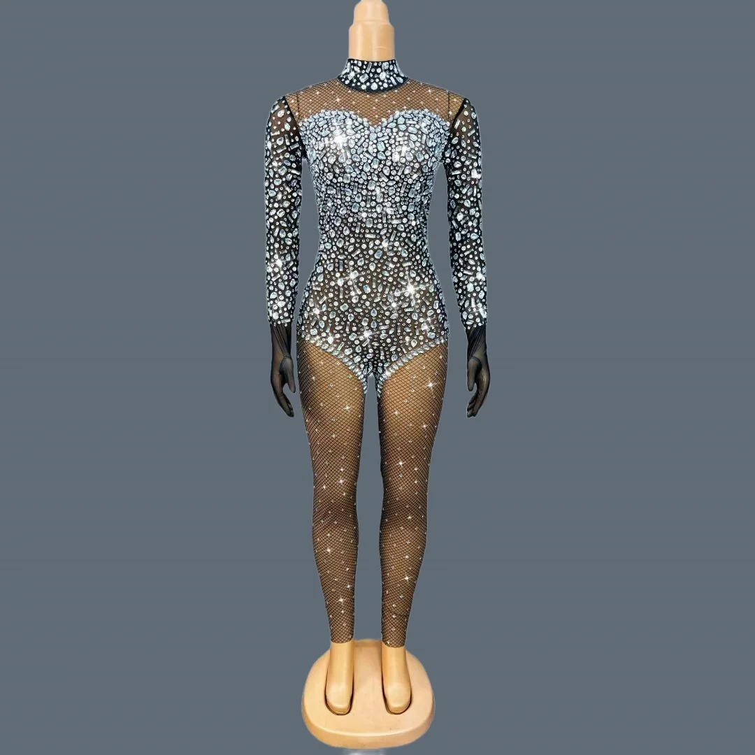 

Черные чулки с блестящими серебряными кристаллами, комбинезон, сексуальные женские черные колготки из спандекса, одежда для ночного клуба Drag Queen Performer Wear Zawenku