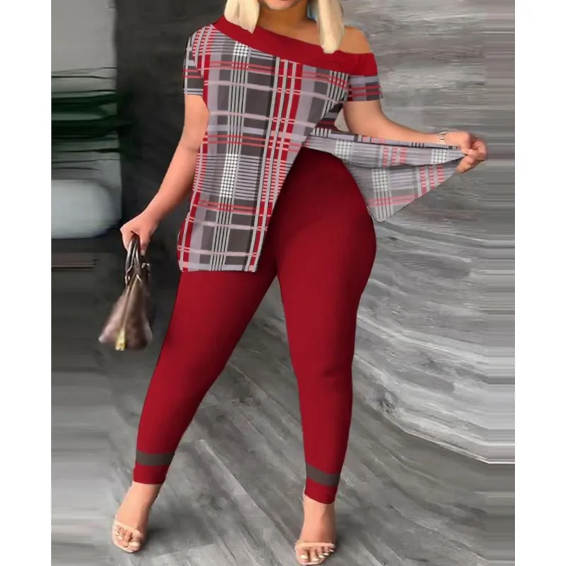 Summer Women's Geometric Print Set Fashion Short Sleeve Office Suit Casual Sporty 2Pcs Set One-Shoulder Split Hem Tops+Pants Set