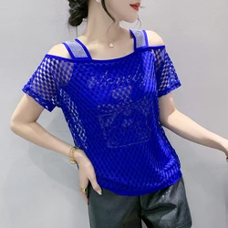 Connected One-piece Mesh T-Shirts Girl Off-shoulder Diamonds Straps Stretchy Tee Tshirt Women Summer Slim Tops