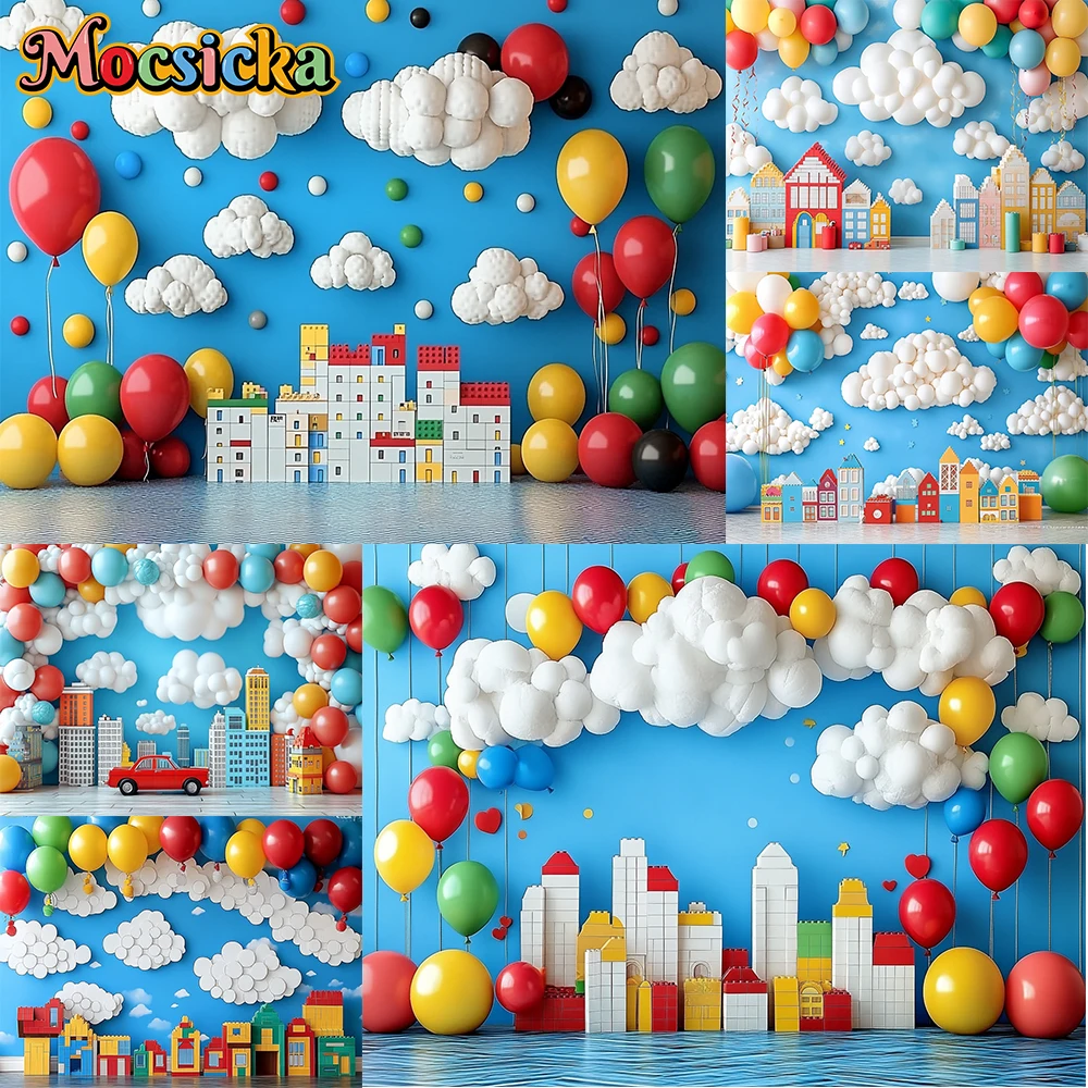 

Mocsicka Photography Backdrop Red Balloon Cloud Architecture Decoration Kids Birthday Party Portrait Background For Photograph