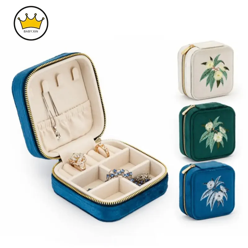 

Classic Style Artistic Embroidery Square Jewelry Box Zipper Case Jewelry Holder Ring Storage Box Wholesale