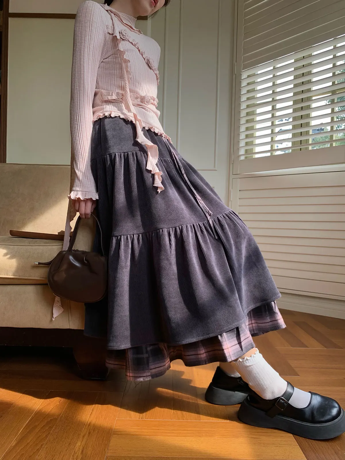 

Cheese Eater Large Size Women's Midi A-Line Skirt Pink Plaid High Waist Polyester Fiber Spring Season Rectangle ape