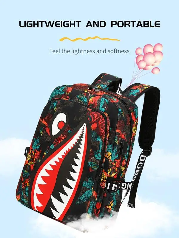 Colorblock Shark Pattern Backpack, Capacity Backpack with Usb Port Design, Backpack for Daily Use, Back To School Bag for Summer