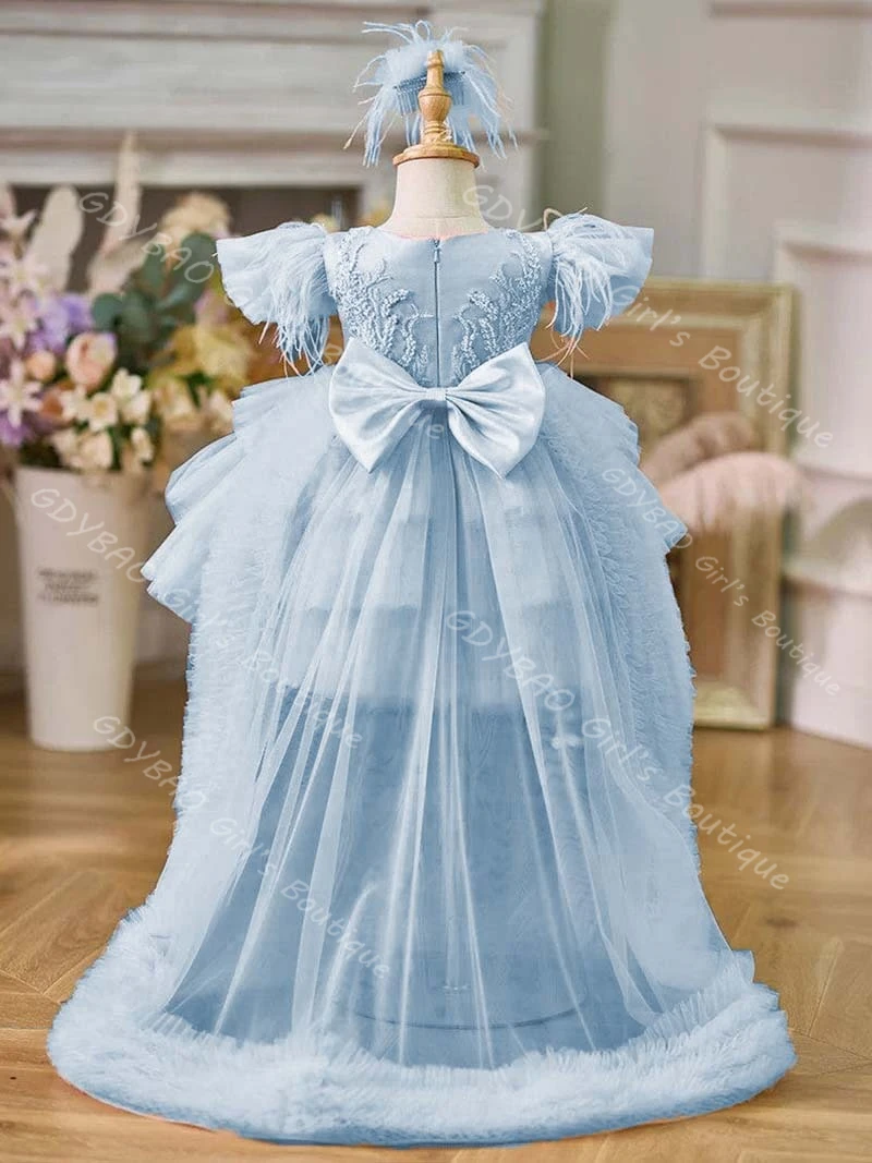 ชุดเดรสวันเกิดเด็กผู้หญิงสีชมพูพร้อมกระโปรงแบบถอดได้ ระบายแบบอสมมาตร ผ้าทูลล์ แขนสั้นแบบหมวก ชุดเจ้าหญิงสำหรับเด็กผู้หญิง  แบบสั่งตัดได้