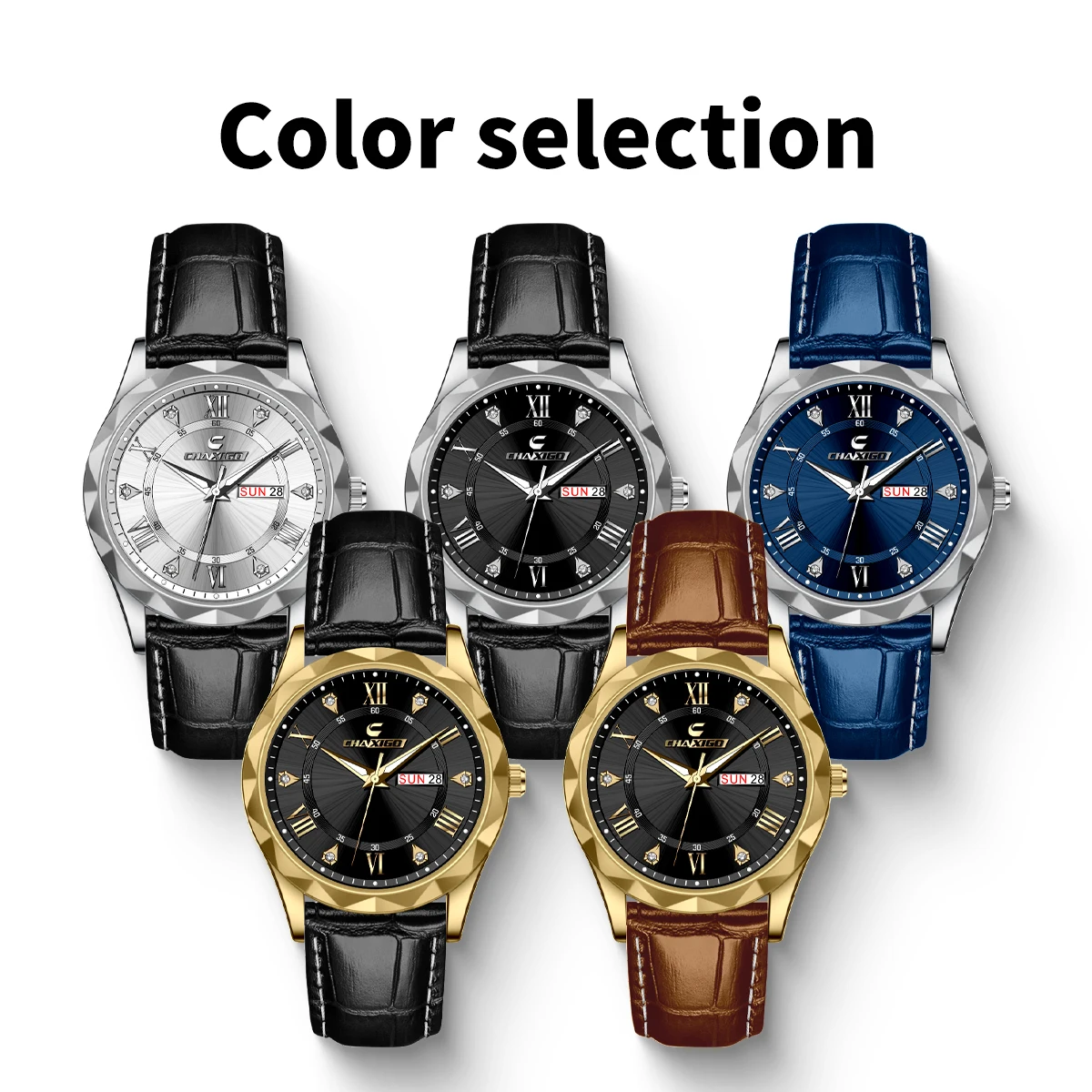 

CHAXIGO Men's Business Leather Strap Watch Luminous hands, day display, 30m water resistance, quartz movement, alloy case